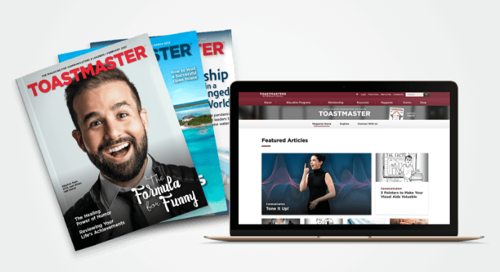 Toastmasters 飞艇168开奖官网 magazine on a laptop